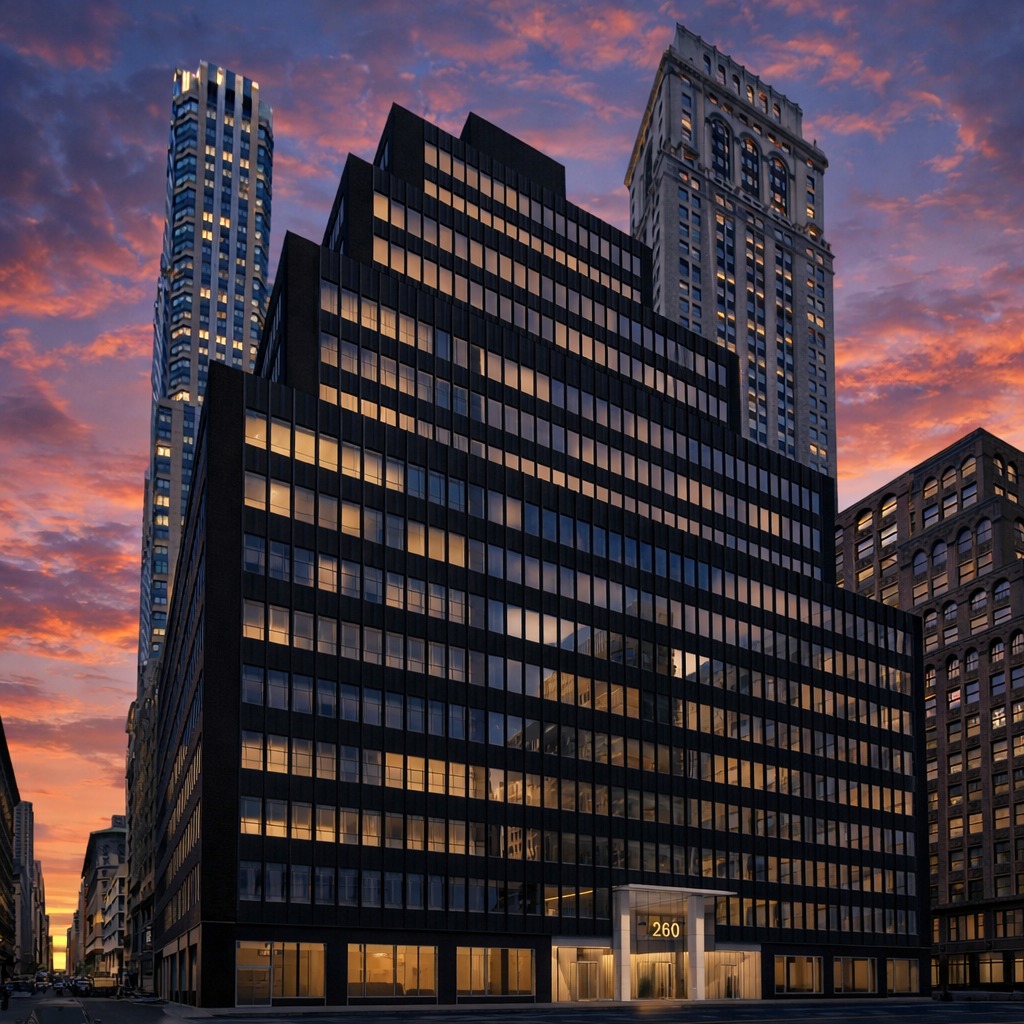 Exterior twilight view of 260 Madison Avenue, an iconic 22-story Class-A office building in Midtown Manhattan featuring modern illuminated windows and a sleek facade.