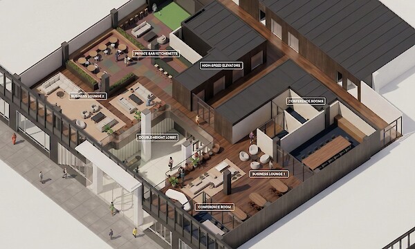 3D floor plan rendering of the premium amenity suite at 260 Madison Avenue, showing communal lounges, private meeting rooms, and high-end office coworking spaces in Midtown Manhattan