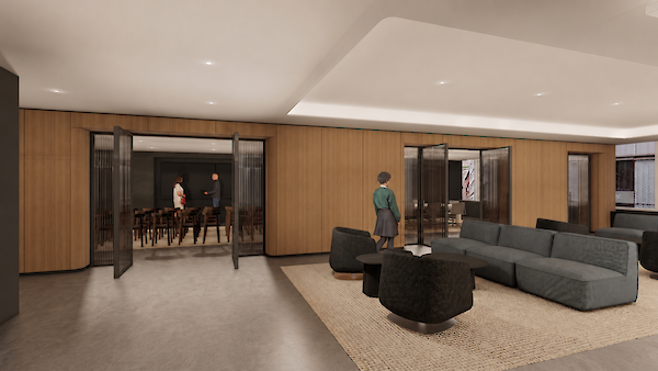 Modern tenant lounge and conference center on the second floor of 260 Madison, featuring wood-paneled walls, contemporary lounge seating, and glass-door meeting rooms.